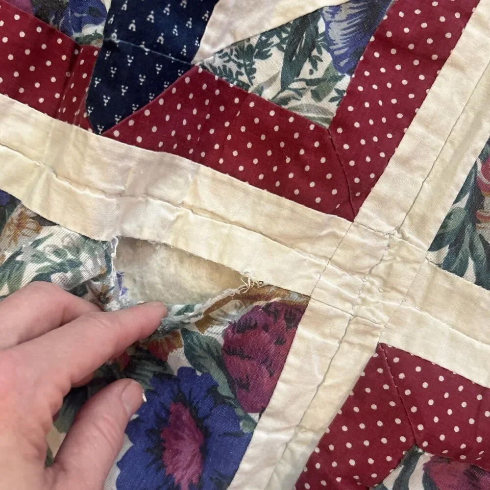 Vtg Twin Handmade Quilt Burgundy And Blue Floral 80x64 Twin Cottage Country